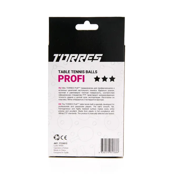 Мяч для наст. тенниса TORRES Profi 3*, TT23012, диам. 40+мм, упак. 6 шт, белый за 338.30 ₽ в Белгороде